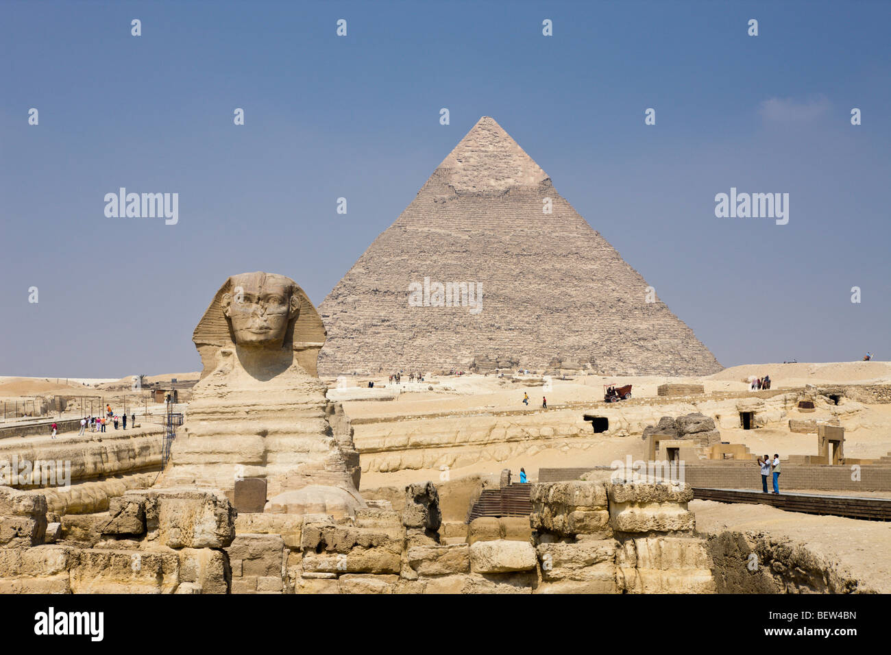 Grande Sfinge di Giza contro Khafra piramide, Il Cairo, Egitto Foto Stock