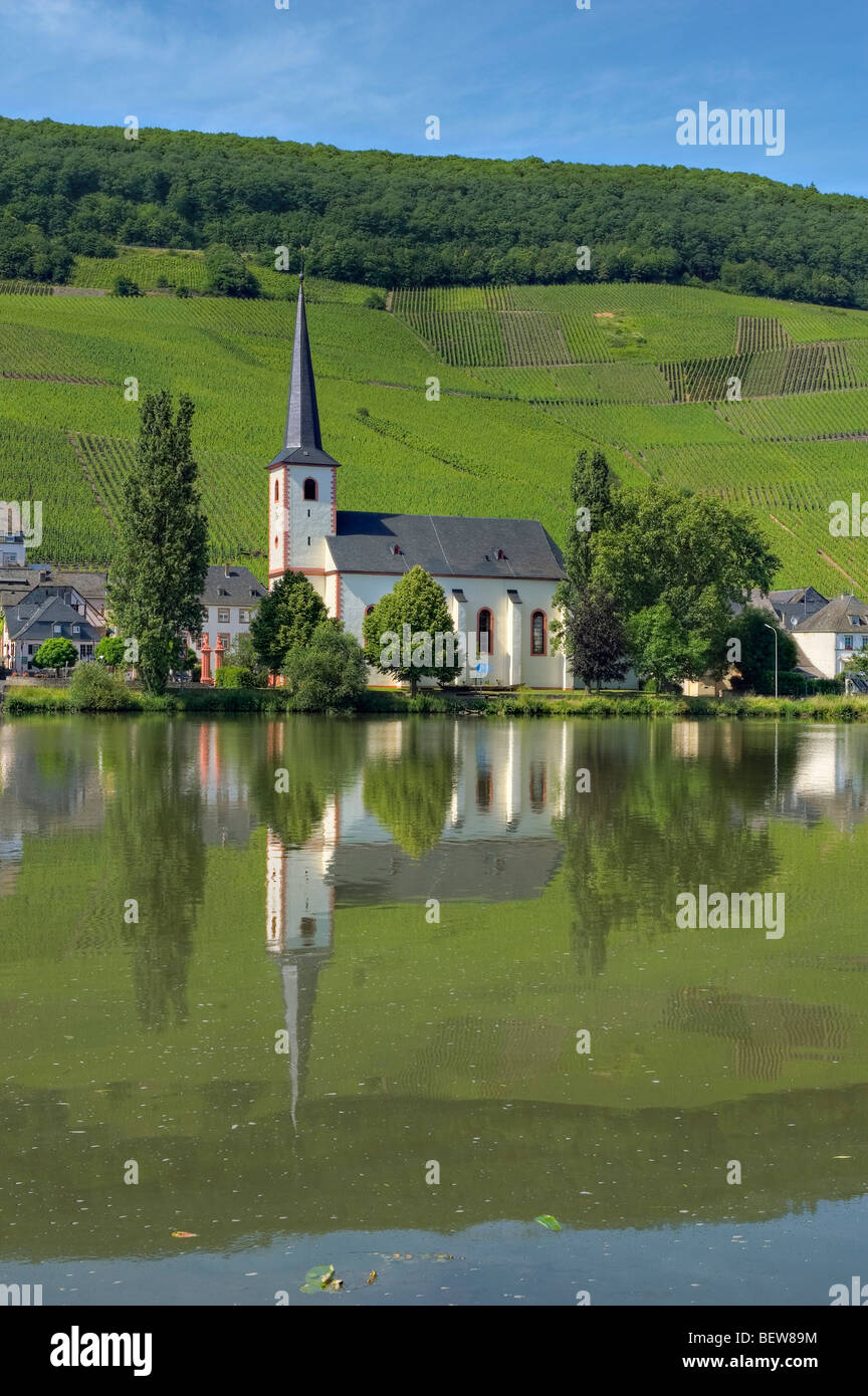 Vista sul fiume Moselle a San Michele chiesa parrocchiale, Piesport, Germania Foto Stock