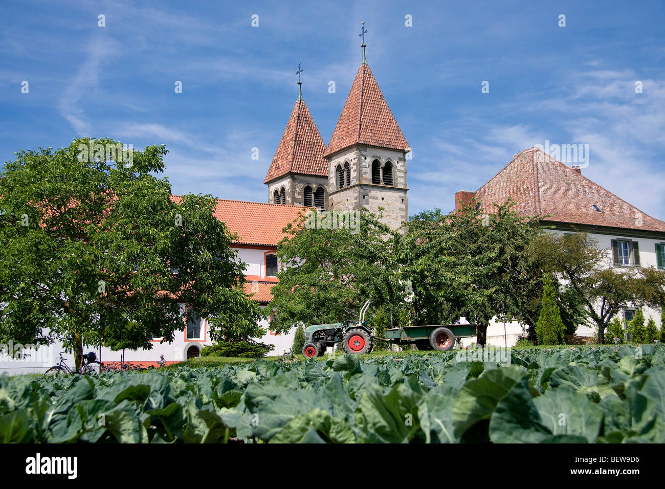 Campo vegetale con il trattore di fronte alla Basilica di San Pietro e Paolo Chiesa in Niederzell Isola di Reichenau sul Lago di Costanza in Germania Foto Stock