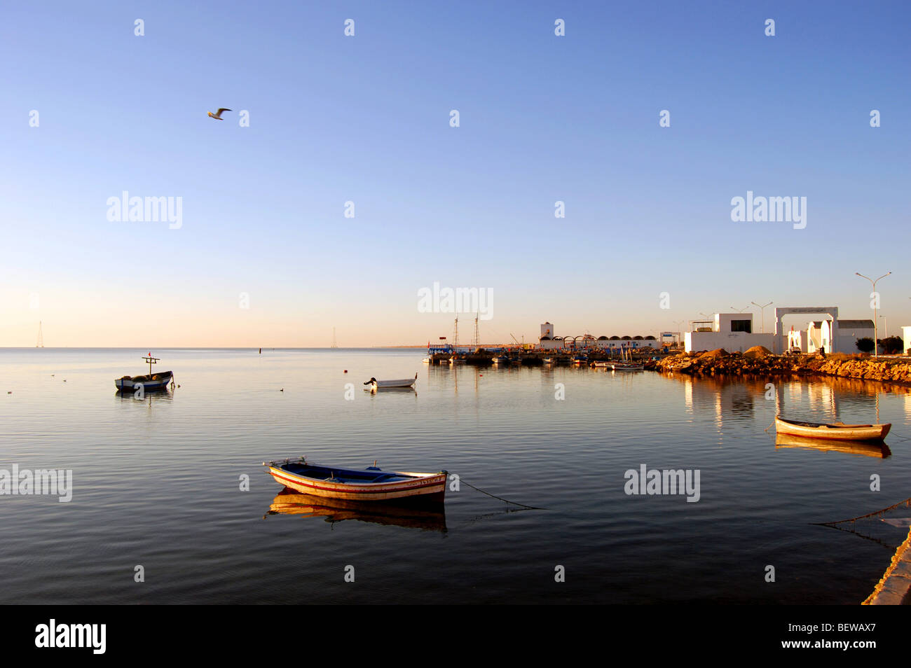 Piccole imbarcazioni presso il porto all'alba, Ajim, Djerba, Tunisia Foto Stock