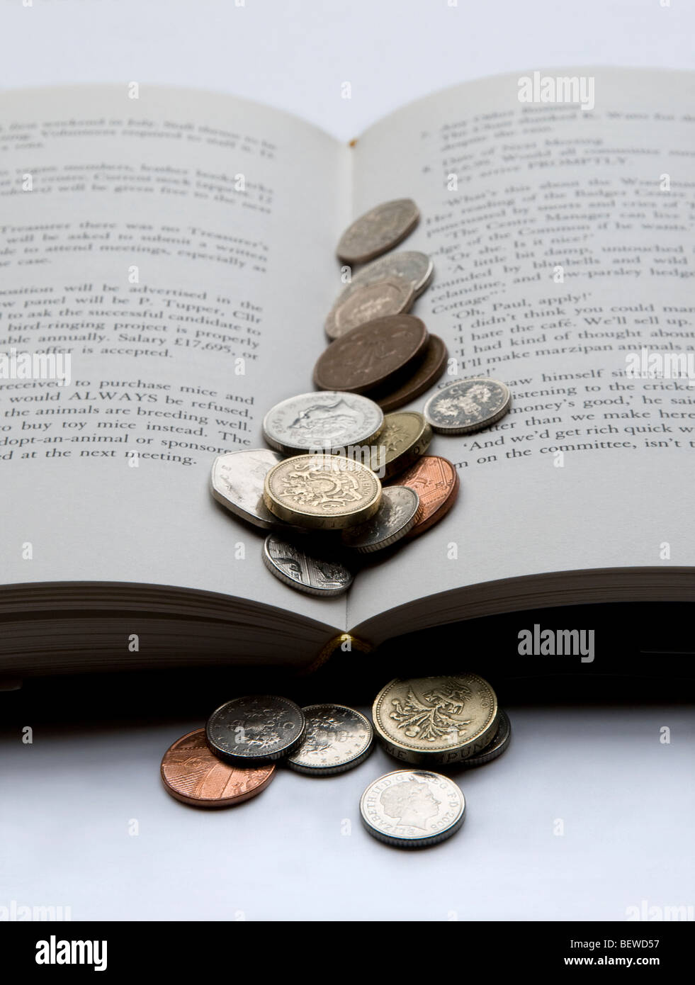 Monete giacente su un libro Foto Stock