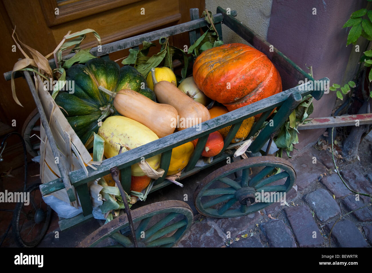 Raccolta raccolta di campi da squash e zucche in legno rustico rimorchio formando la produzione di display esterno organic farm shop Foto Stock