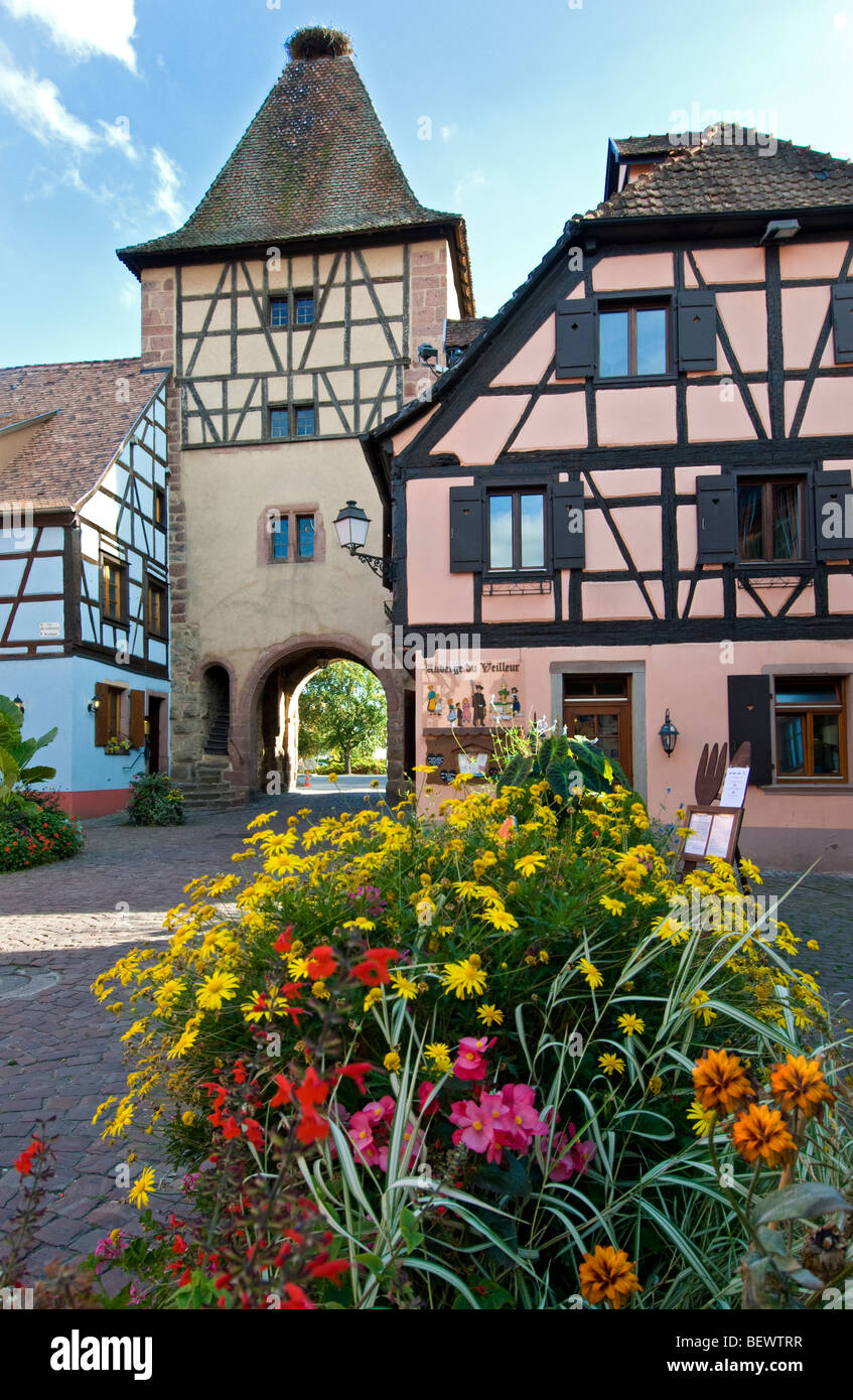 Porta d'ingresso alla torre medievale di Turckheim paese vinicolo Route des Vins Alsace Francia Foto Stock