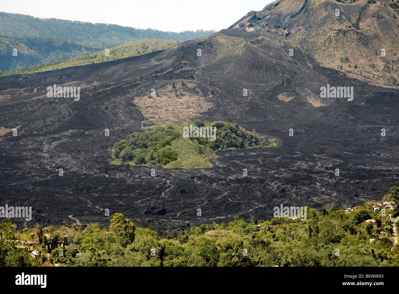 Pendici del Monte Batur (Gunung Batur) che mostra il vecchio flusso di lava solidificato, vegetazione bruciata, Kintamani, Bali, Indonesia Foto Stock