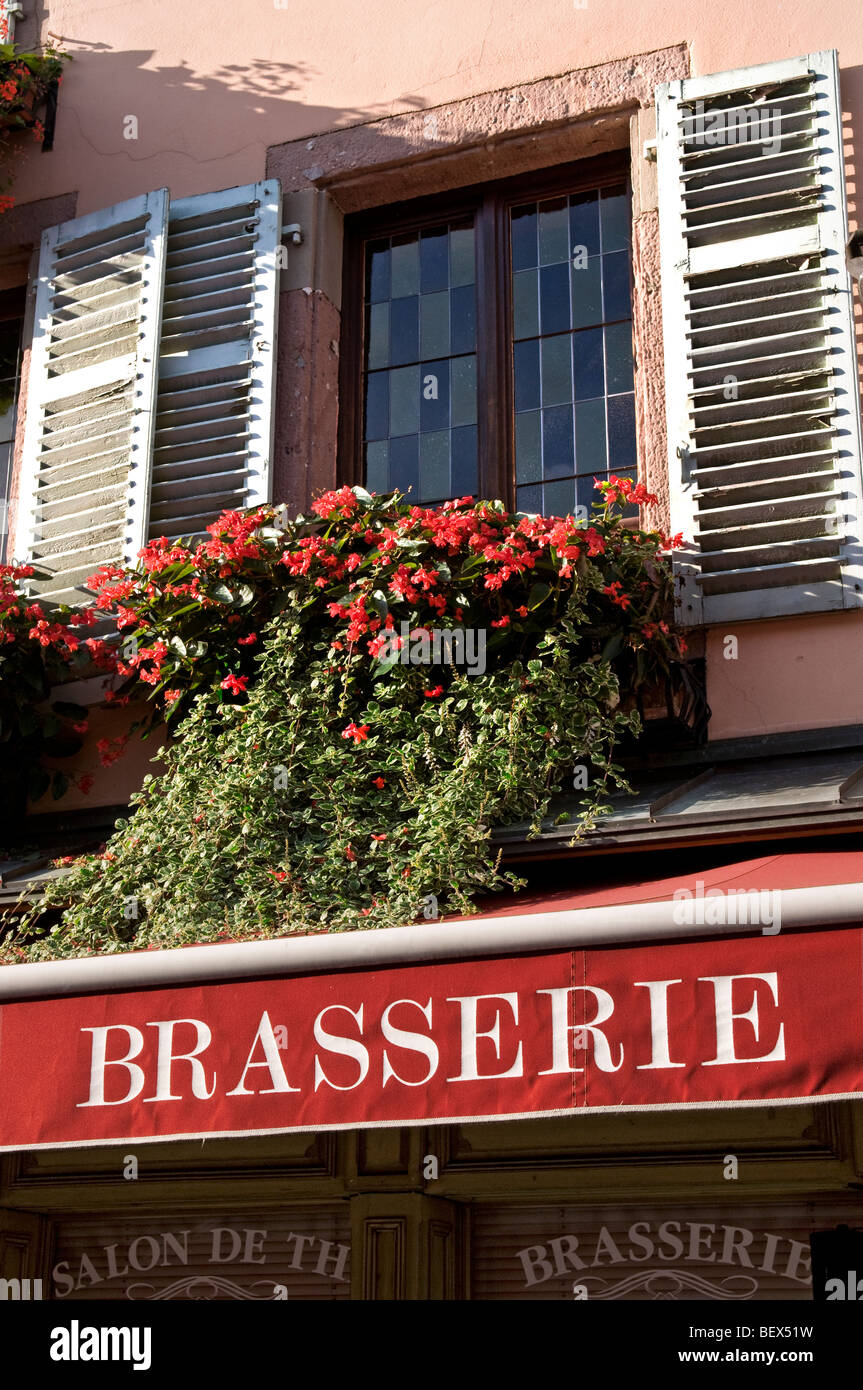 La Brasserie segno GENERIC FRANCIA ristorante esterno del tipico ristorante francese brasserie con soleggiata floreale colorato window box Foto Stock
