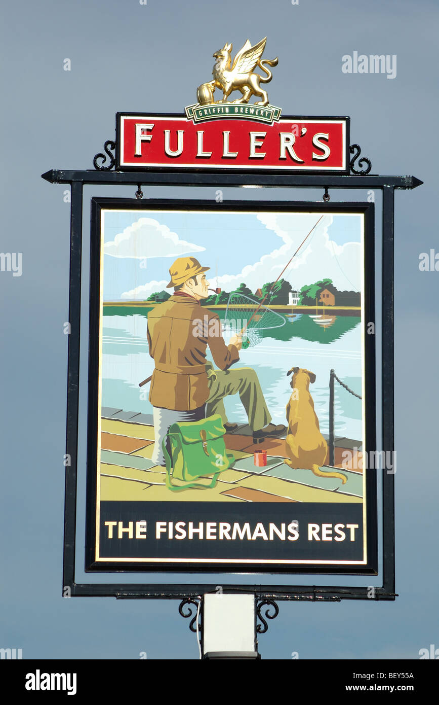 Il Fishermans resto pub segno, Lymington, Hampshire, Inghilterra, Regno Unito Foto Stock