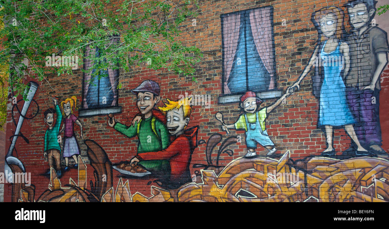 La vita della famiglia street murale nel quartiere latino di Montreal Québec Canada Foto Stock