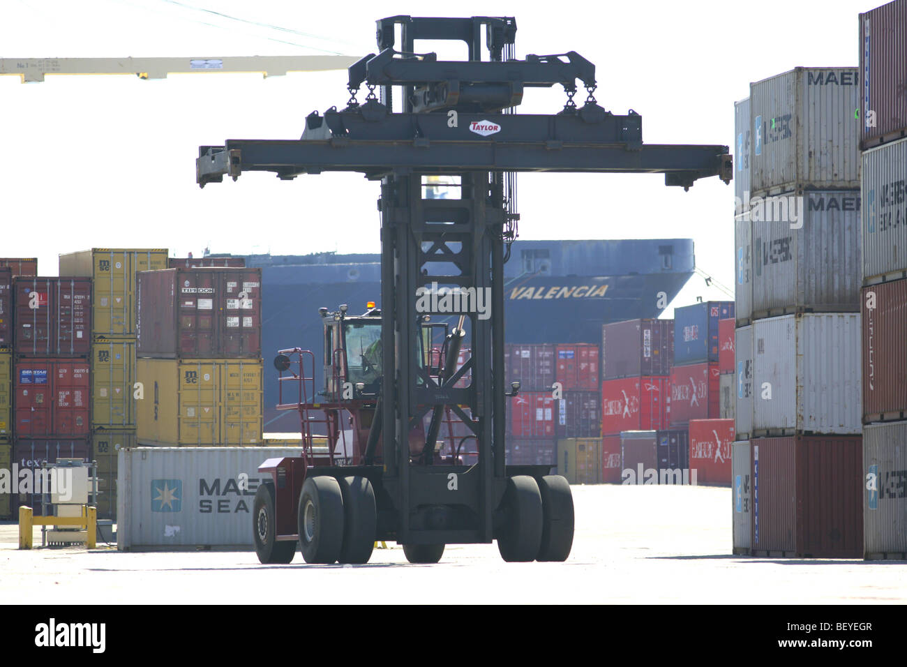 Il caricamento di container nel porto. Foto Stock