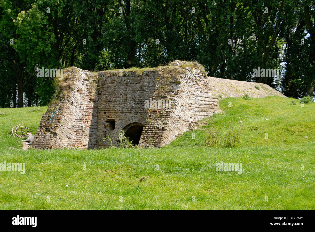 Bomb shelter dalla guerra 1914-18, in un pascolo di ovini in Damme, nei pressi di Bruges , Brugge, Belgio Foto Stock