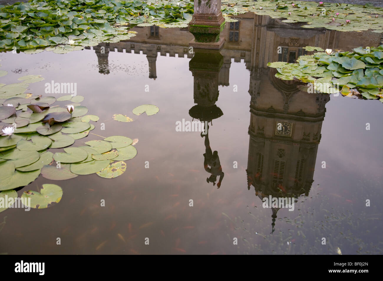 Christ Church College Oxford University e la riflessione in acqua con ninfee Foto Stock