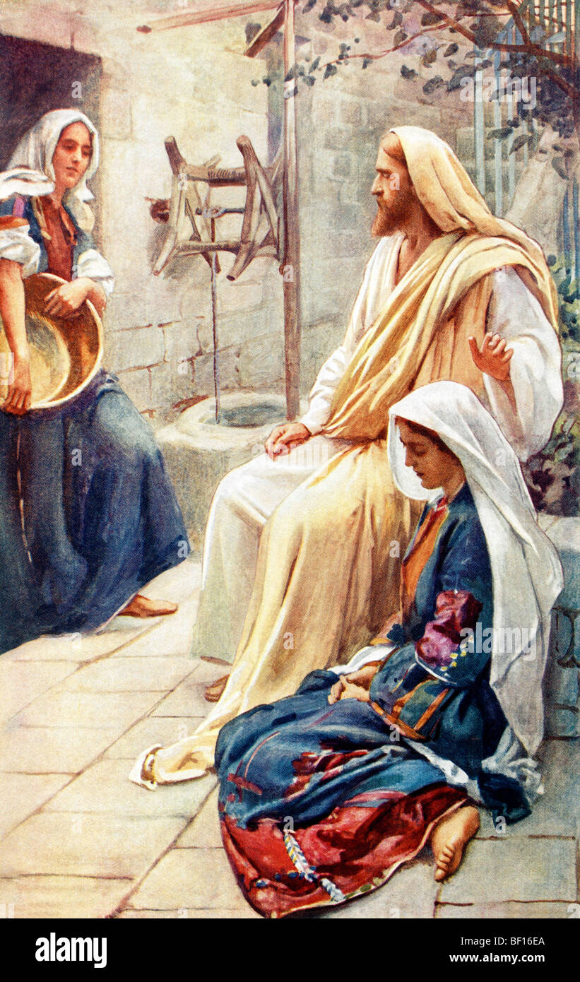 Illustrazione di Gesù nella casa di Marta e Maria (Luca) dipinto da Harold Copping Foto Stock