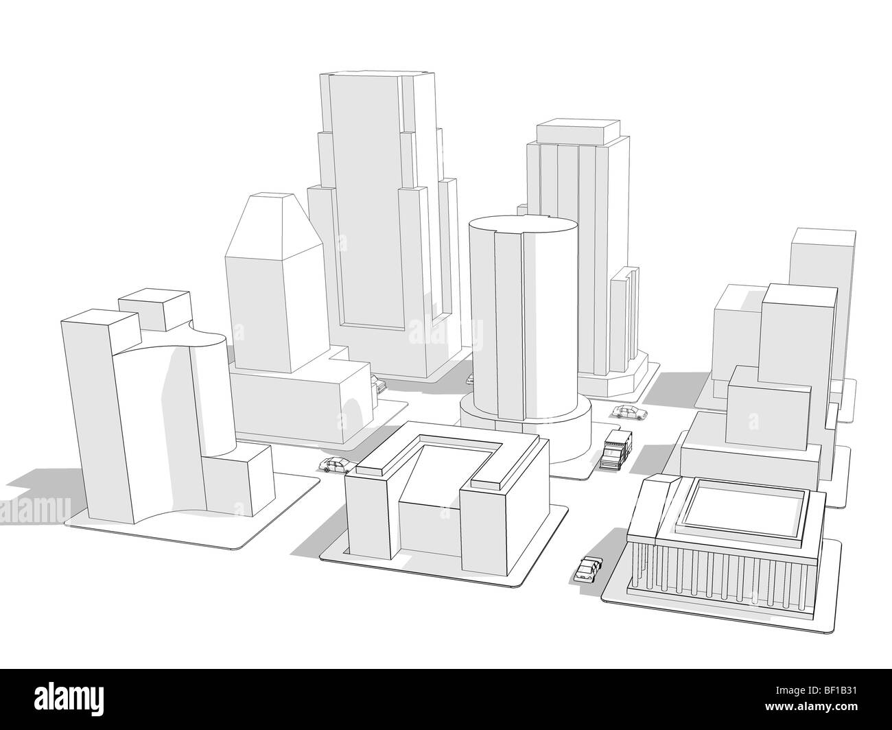 Wire frame rendering di nove isolati della città con vari stili di costruzione e un paio di veicoli Foto Stock