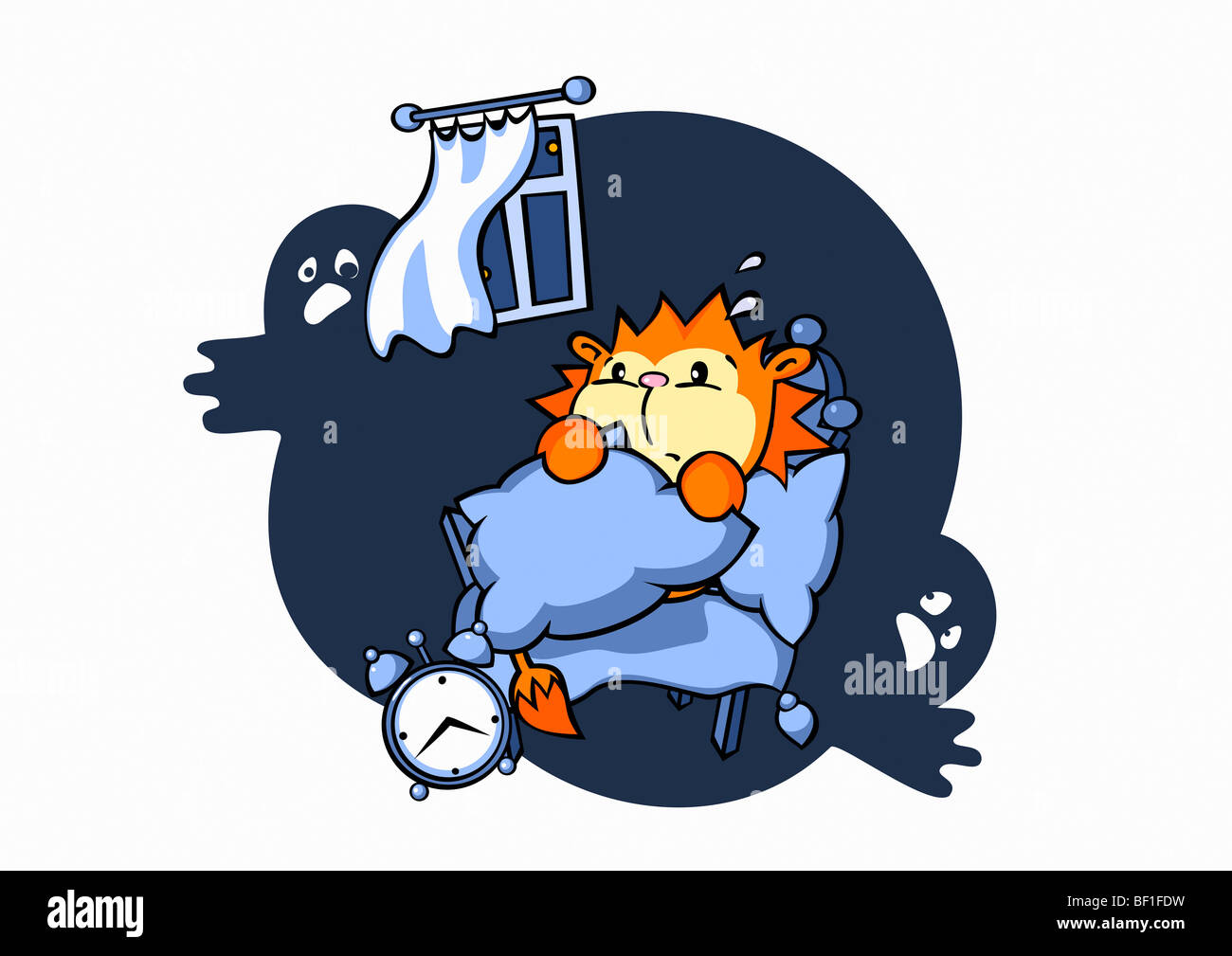 Un cartoon lion sdraiati a letto e la paura dei fantasmi Foto Stock