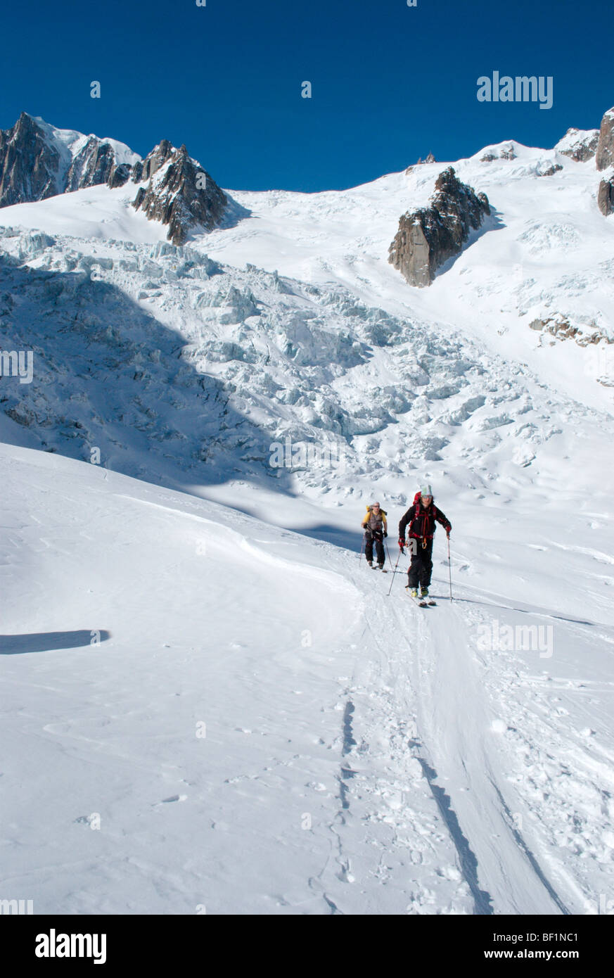 Sci alpinismo nelle alpi. La Vallee Blanche visibile in background, Chamonix, Francia Foto Stock