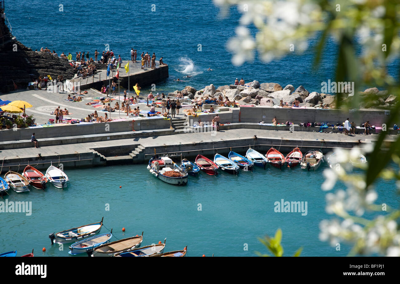 Porto e le barche, Vernazza, Cinque Terre Liguria, Italia Foto Stock