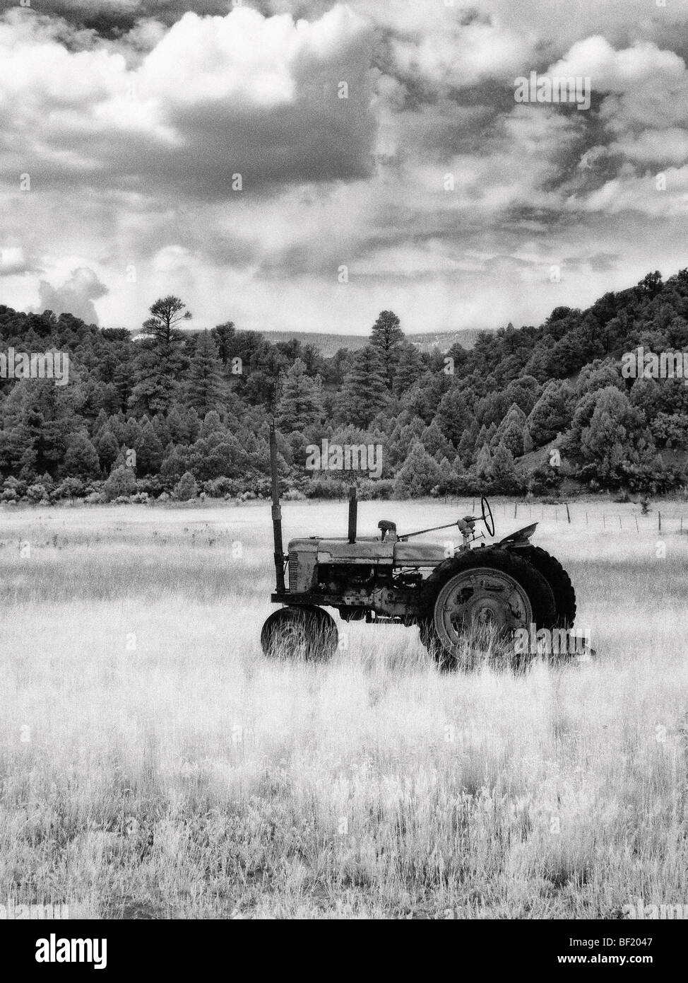 Foto a infrarossi del trattore nel campo. Foto Stock