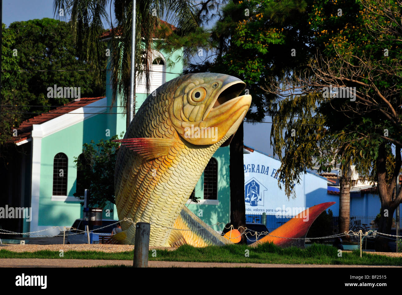 Piraputanga statua che si trova nella parte anteriore della chiesa, Bonito, Mato Grosso do Sul in Brasile Foto Stock