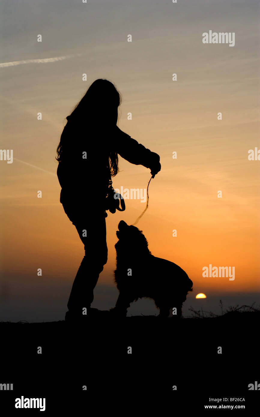 Il bambino e il cane nel tramonto - silhouette Foto Stock