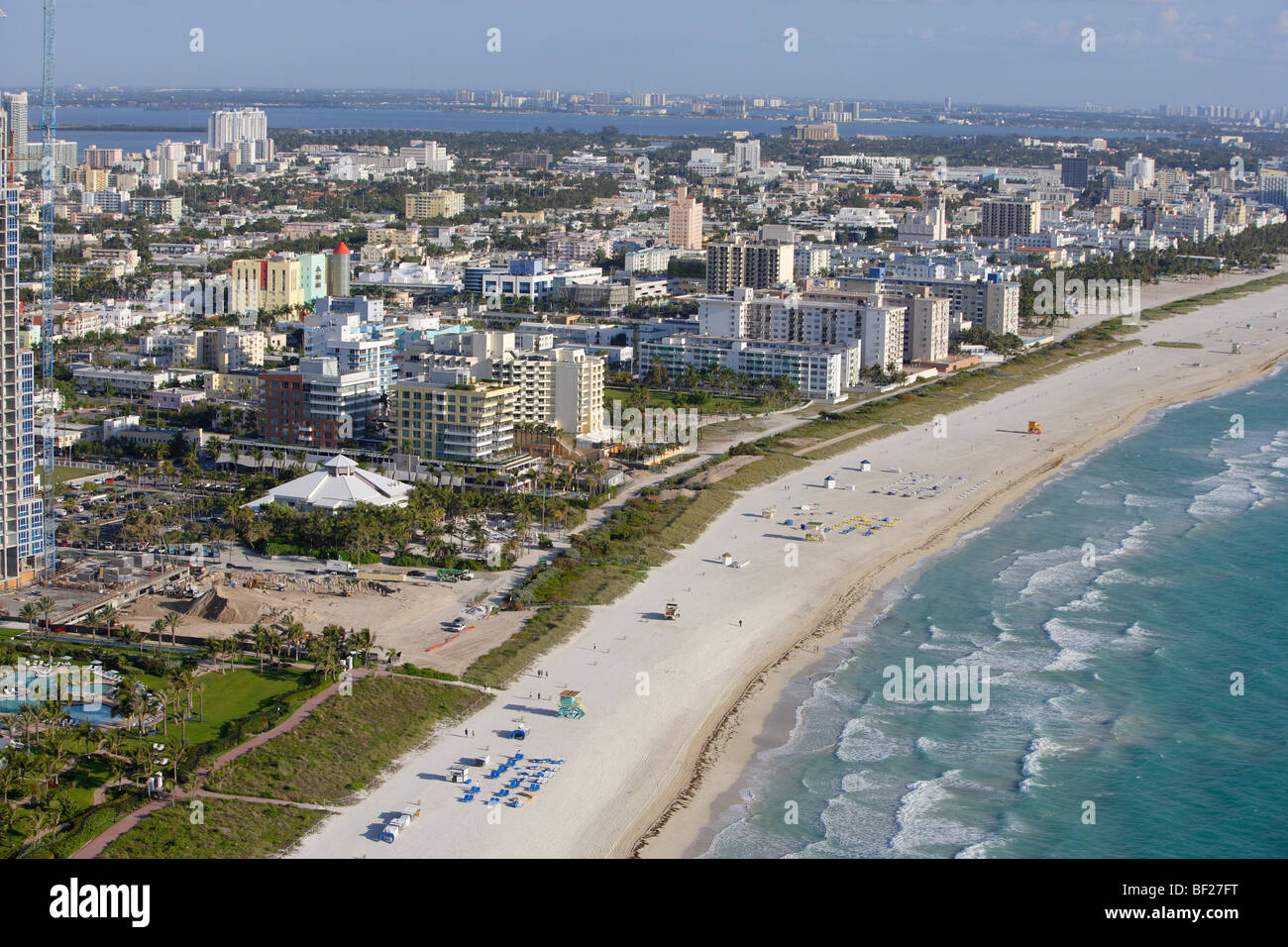 Vista aerea di Miami Beach nella luce del sole, South Beach, Miami, Florida, Stati Uniti d'America Foto Stock