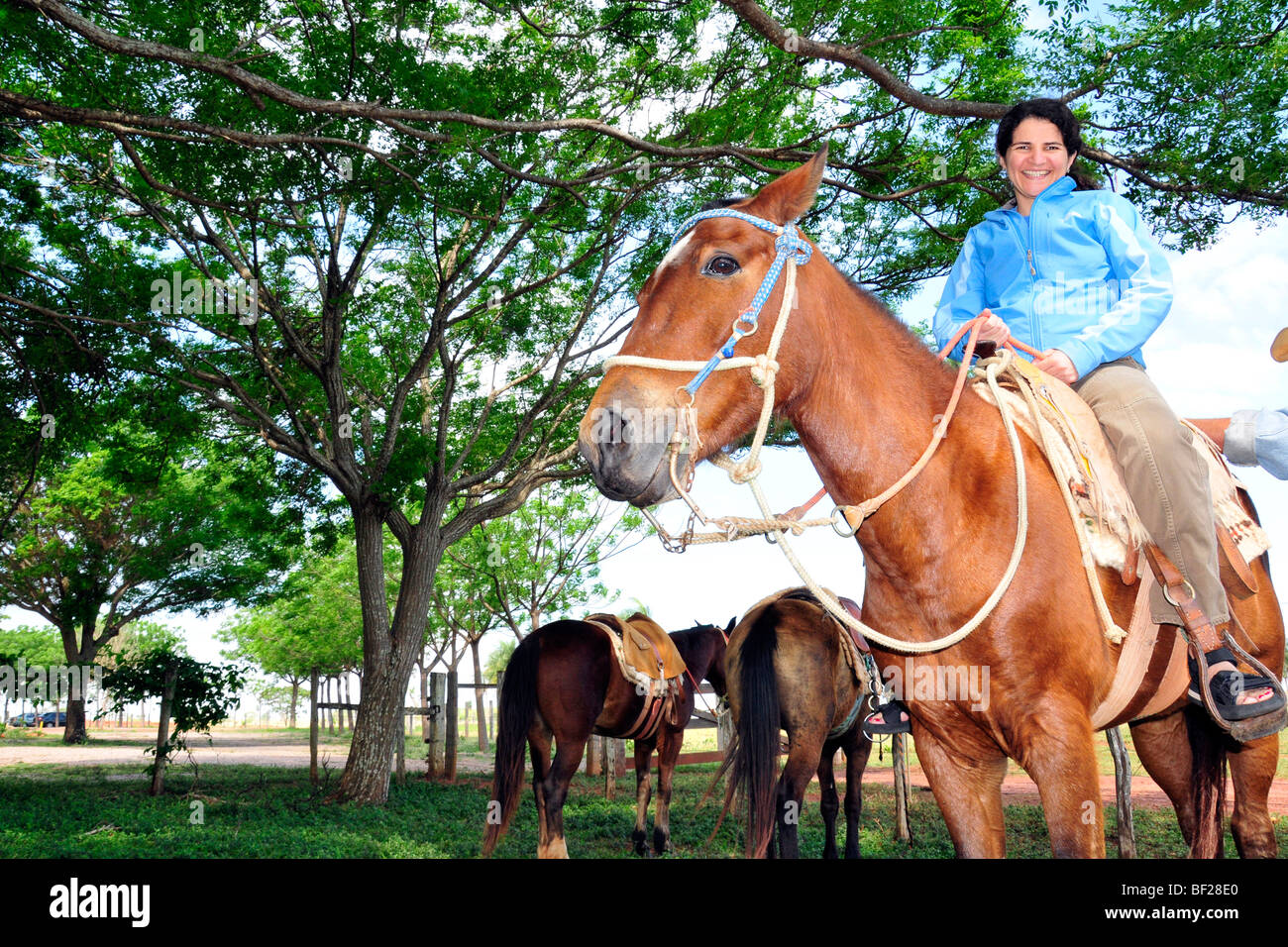 La donna si prepara per una gita a cavallo a Rio da Prata riserva ecologica, Bonito, Mato Grosso do Sul, Brasile Foto Stock
