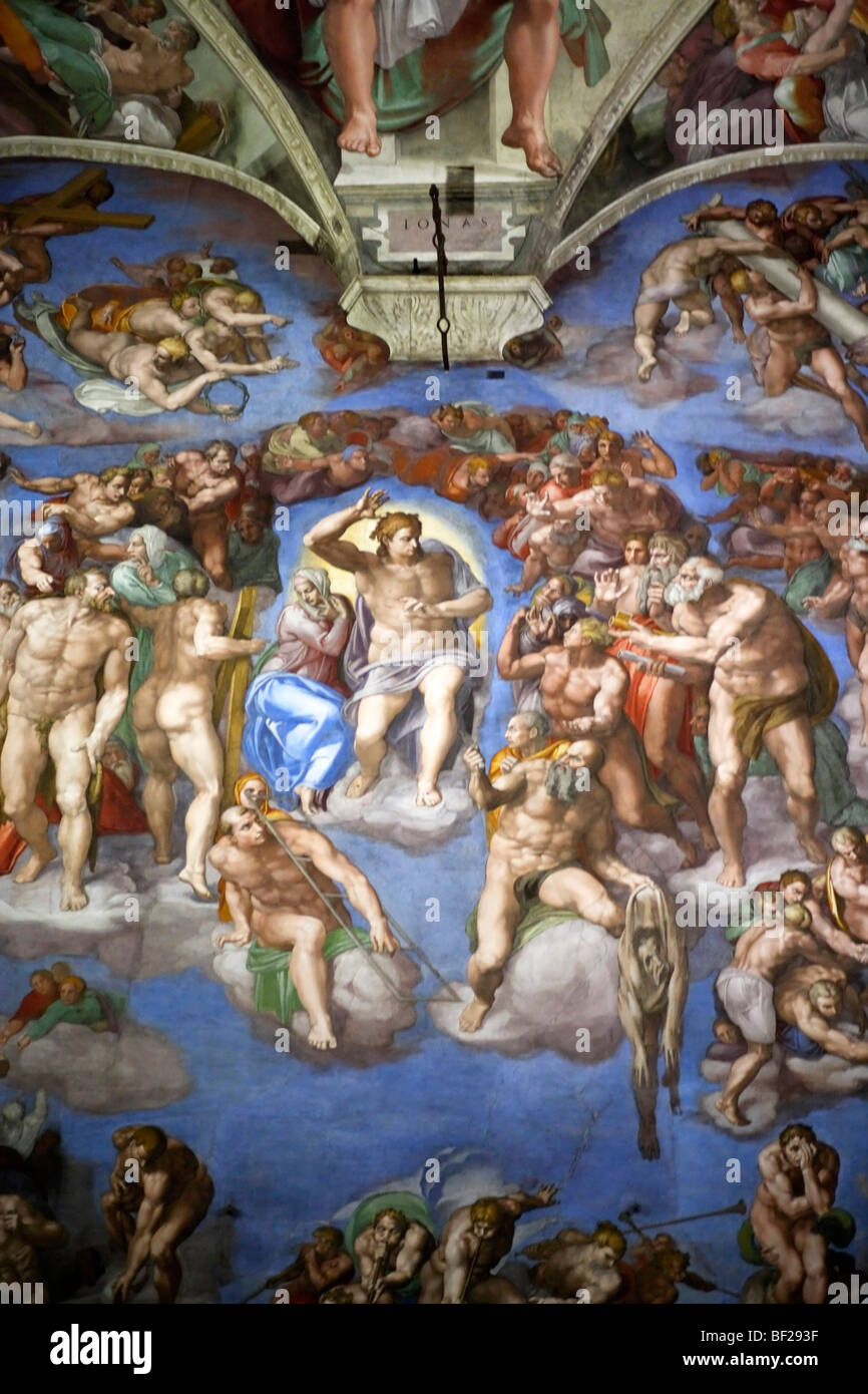 Il Giudizio Universale di Michelangelo, parete altare della Cappella Sistina, Musei Vaticani, Città del Vaticano, Roma, Italia Foto Stock