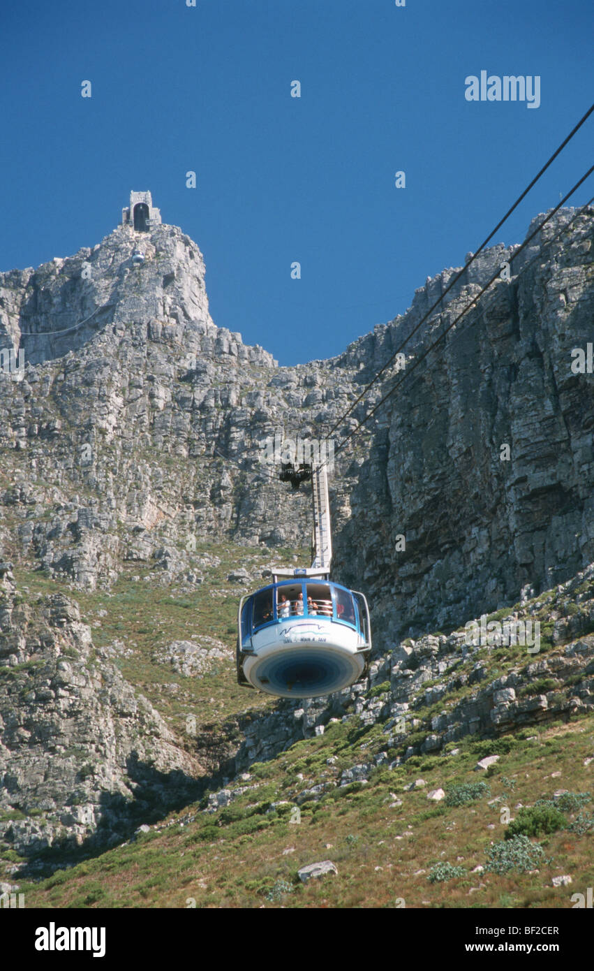 Inquadratura dal basso di Table Mountain con funivia, Cape Town, Provincia del Capo Occidentale, Sud Africa Foto Stock