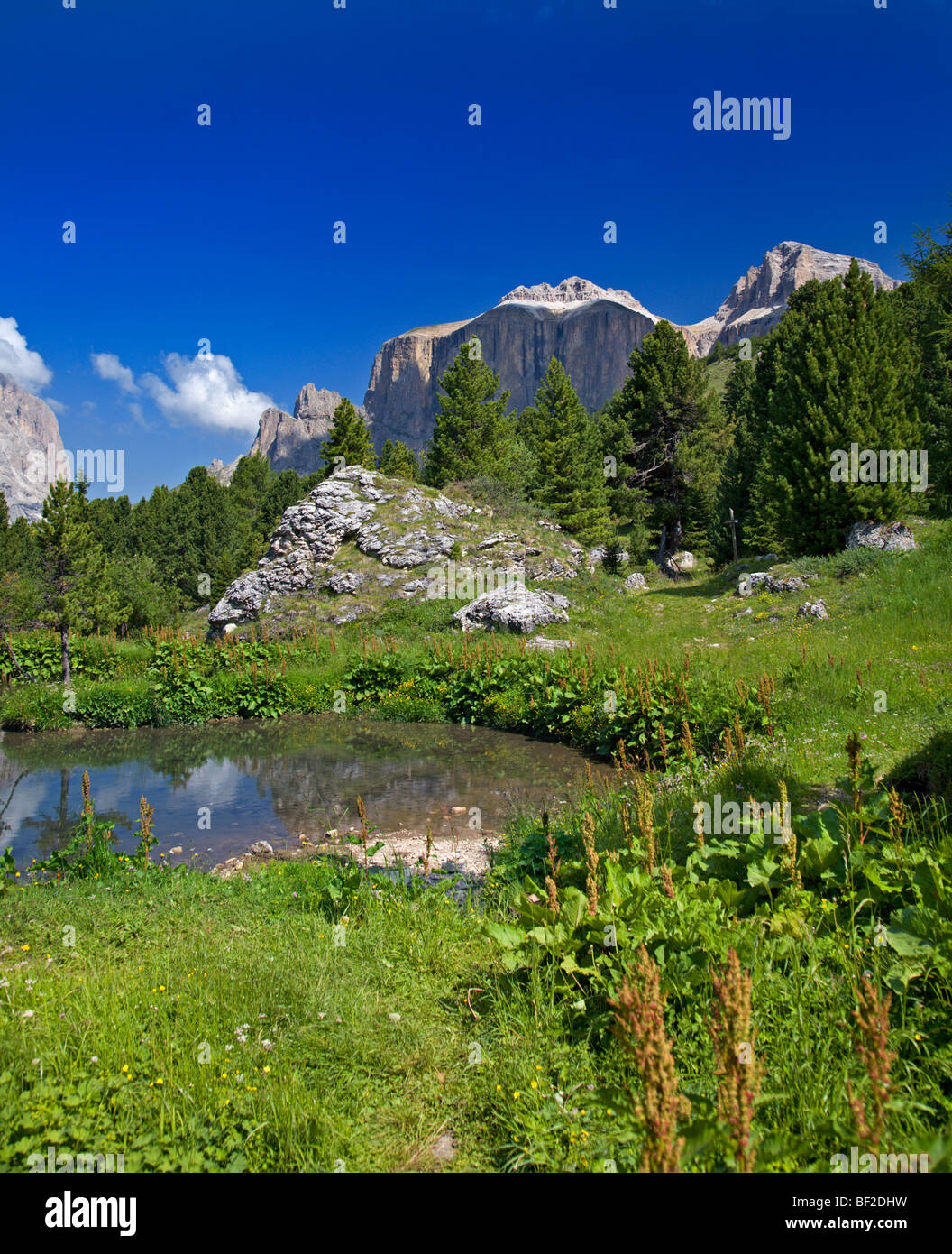 Massiccio del Sella e del lago, Passo Pordoi, Dolomiti, Italia Foto Stock