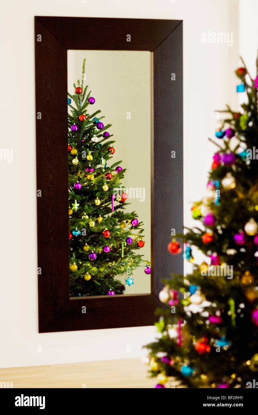 La riflessione di un albero di Natale in uno specchio Foto Stock