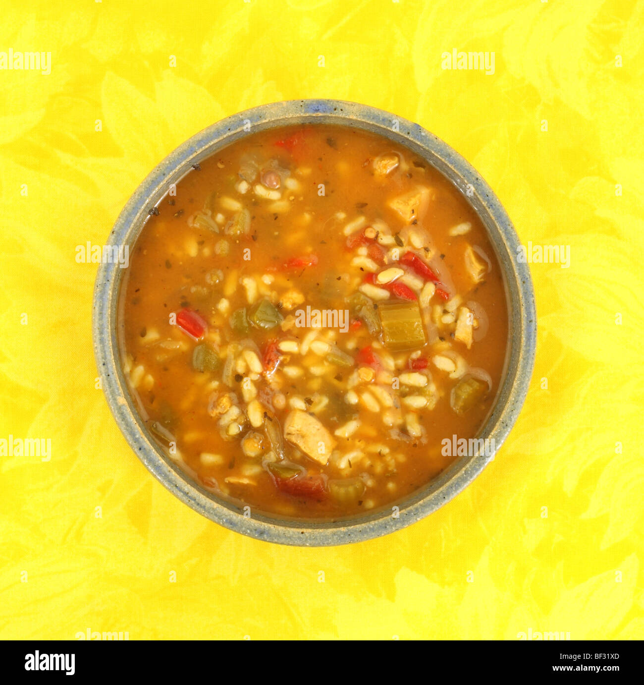 Piccante zuppa di pollo nel recipiente di ceramica Foto Stock