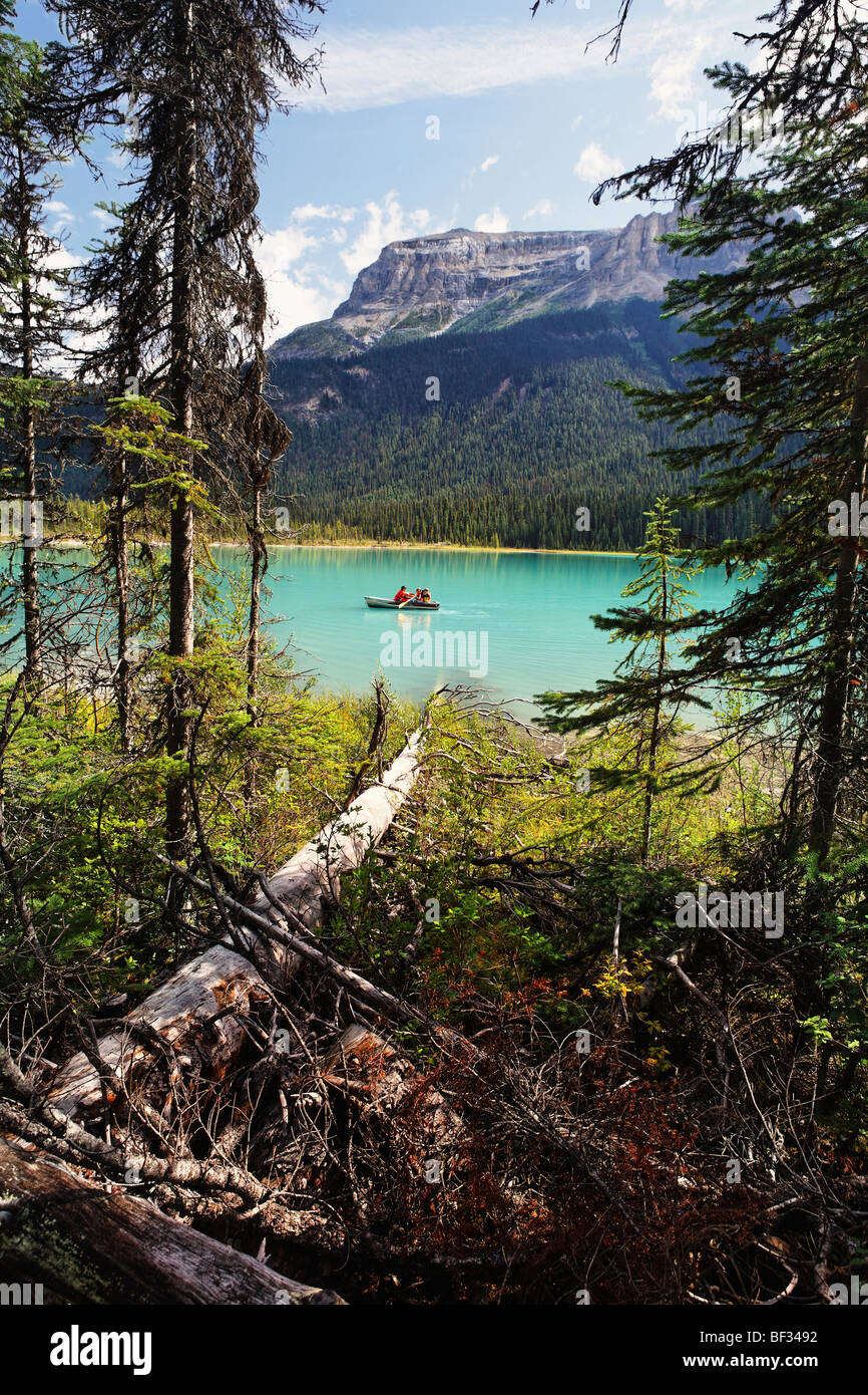 Vista di una barca a remi in un lago, il Lago di Smeraldo, British Columbia, Canada Foto Stock