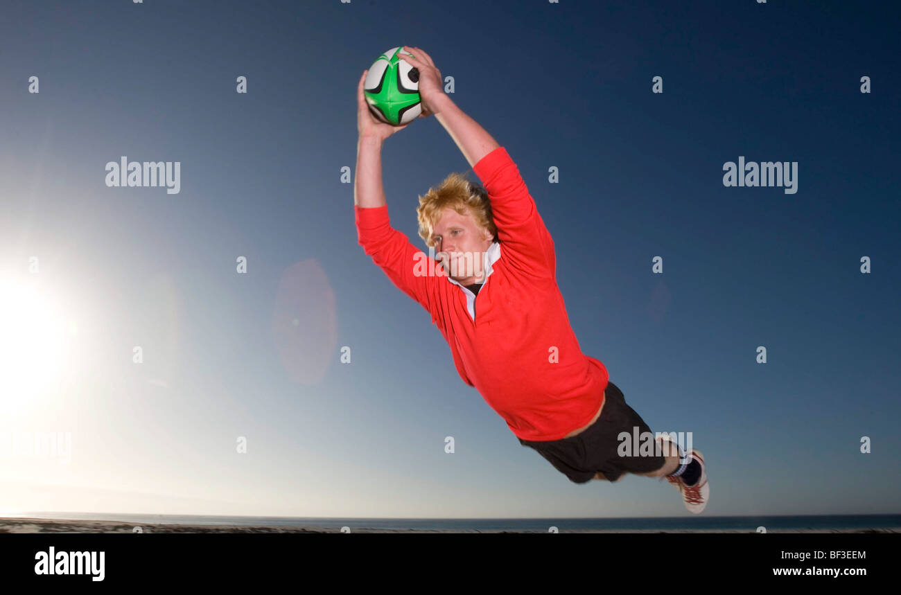 Giocatore di rugby con un punteggio provare Foto Stock