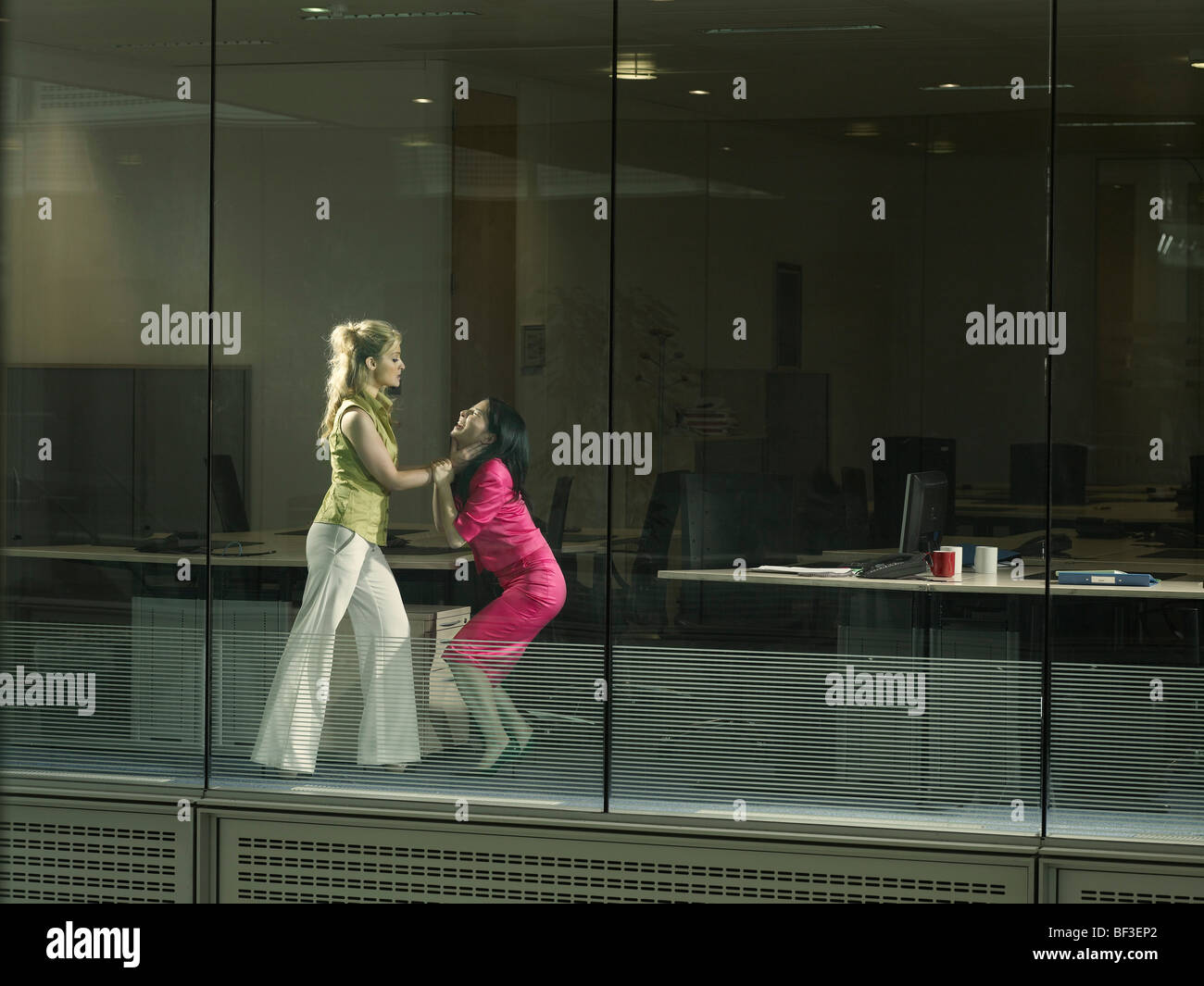 Due donne che combattono in un ufficio Foto Stock