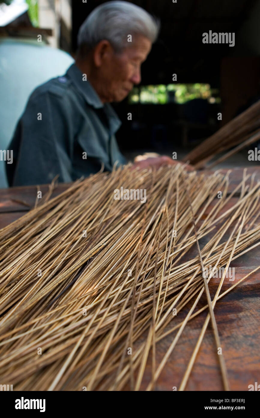 Il vecchio uomo tailandese tradizionale rendendo scope di lamelle di erba nella provincia di Chiang Rai, la Thailandia del Nord. Foto Stock