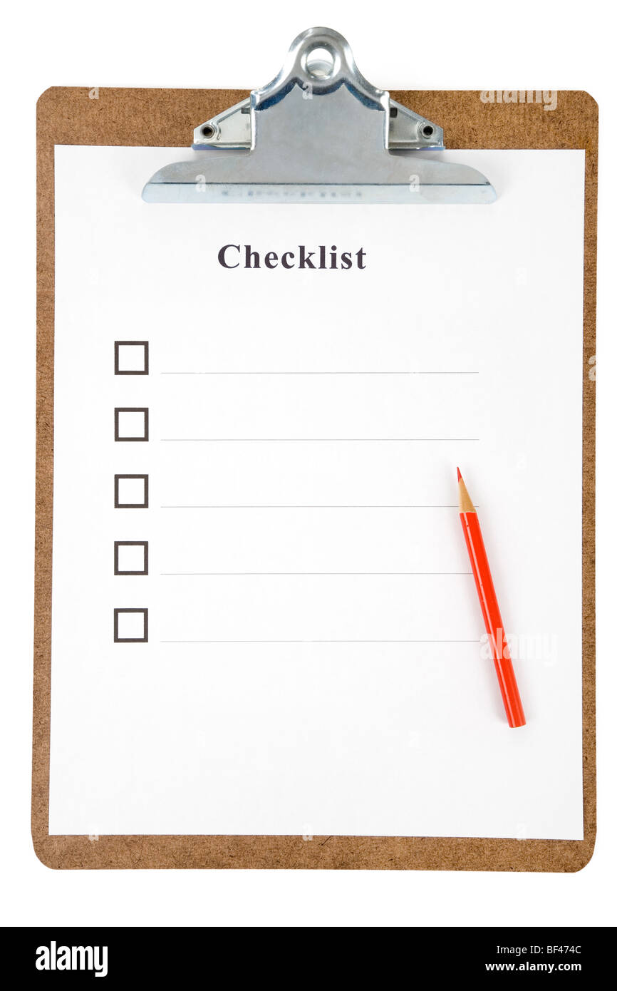 Lista di controllo e appunti con sfondo bianco Foto Stock
