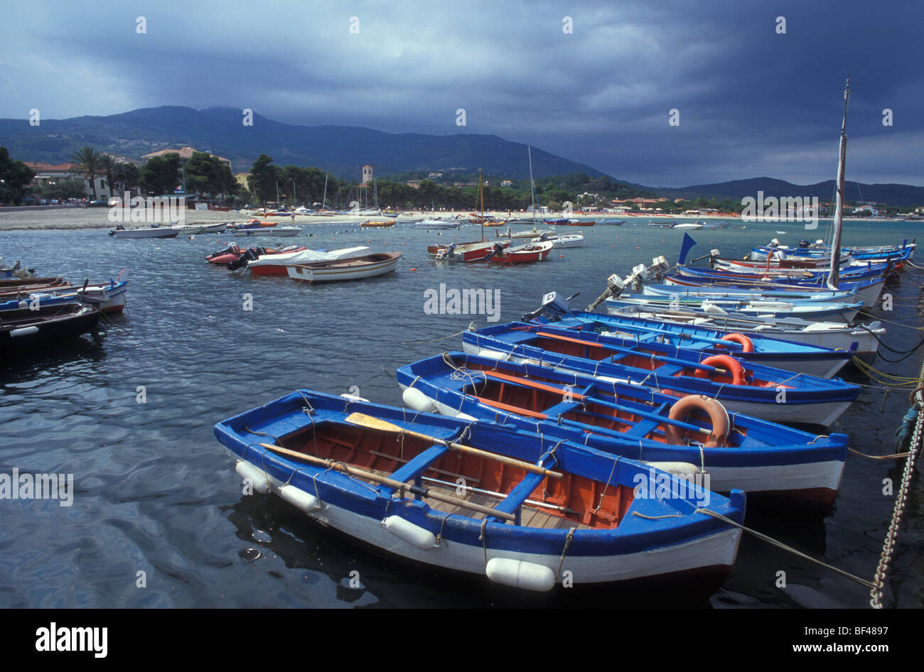 Barche da pesca, il porto di Marina di Campo, Isola d'Elba, Toscana, Italia Foto Stock