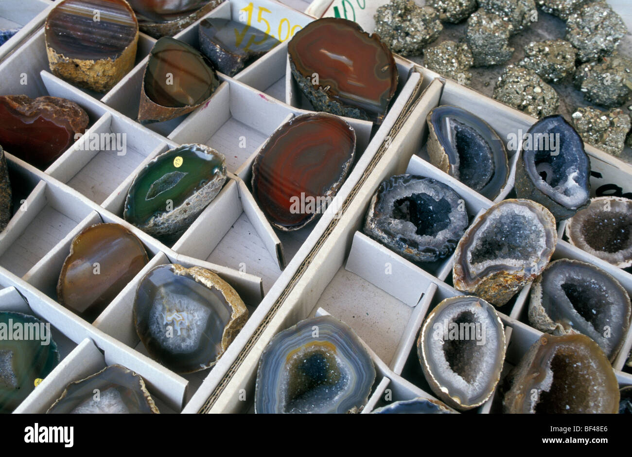 Minerali, mercato, Rio Marina, Isola d'Elba, Toscana, Italia Foto Stock