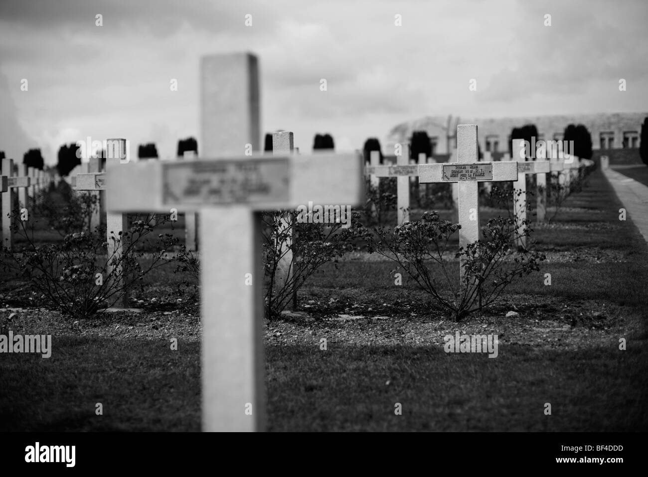 Attraversa la marcatura le tombe dei soldati francesi nel cimitero militare di La Ossuaire De Douaumont vicino a Verdun in Francia Foto Stock