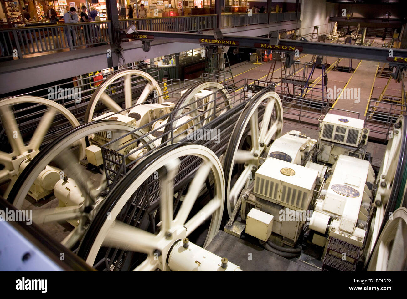 Cable Car Museum con potente che mostra il cavo di unità per diversi percorsi, Washington e Mason strade di San Francisco Foto Stock