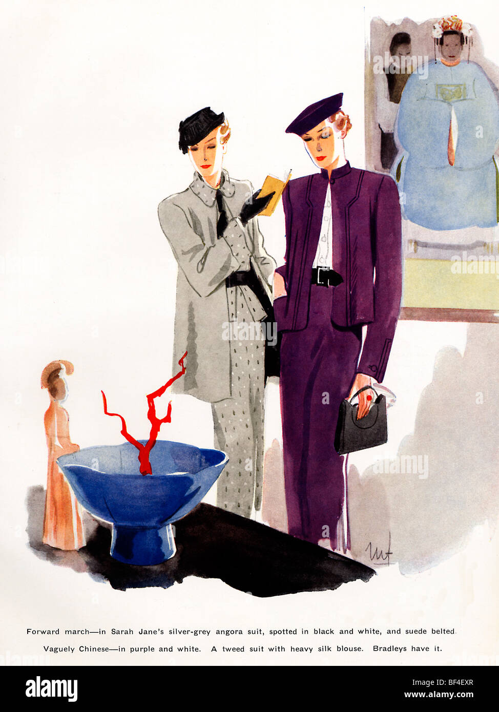 Avanti marzo, 1930 rivista di moda illustrazione di frocks diurna da Sarah Jane con un vago tema cinese Foto Stock