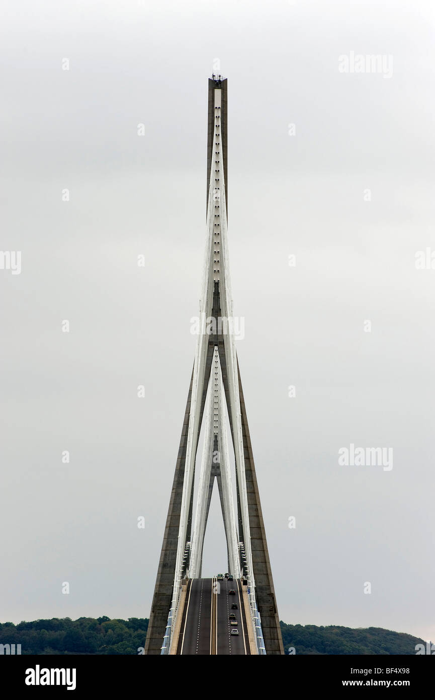 Pont du Normandie, ponte alla foce del fiume Senna vicino a Le Havre, architetto Michel Virlogeux, cavo-alloggiato ponte con t Foto Stock