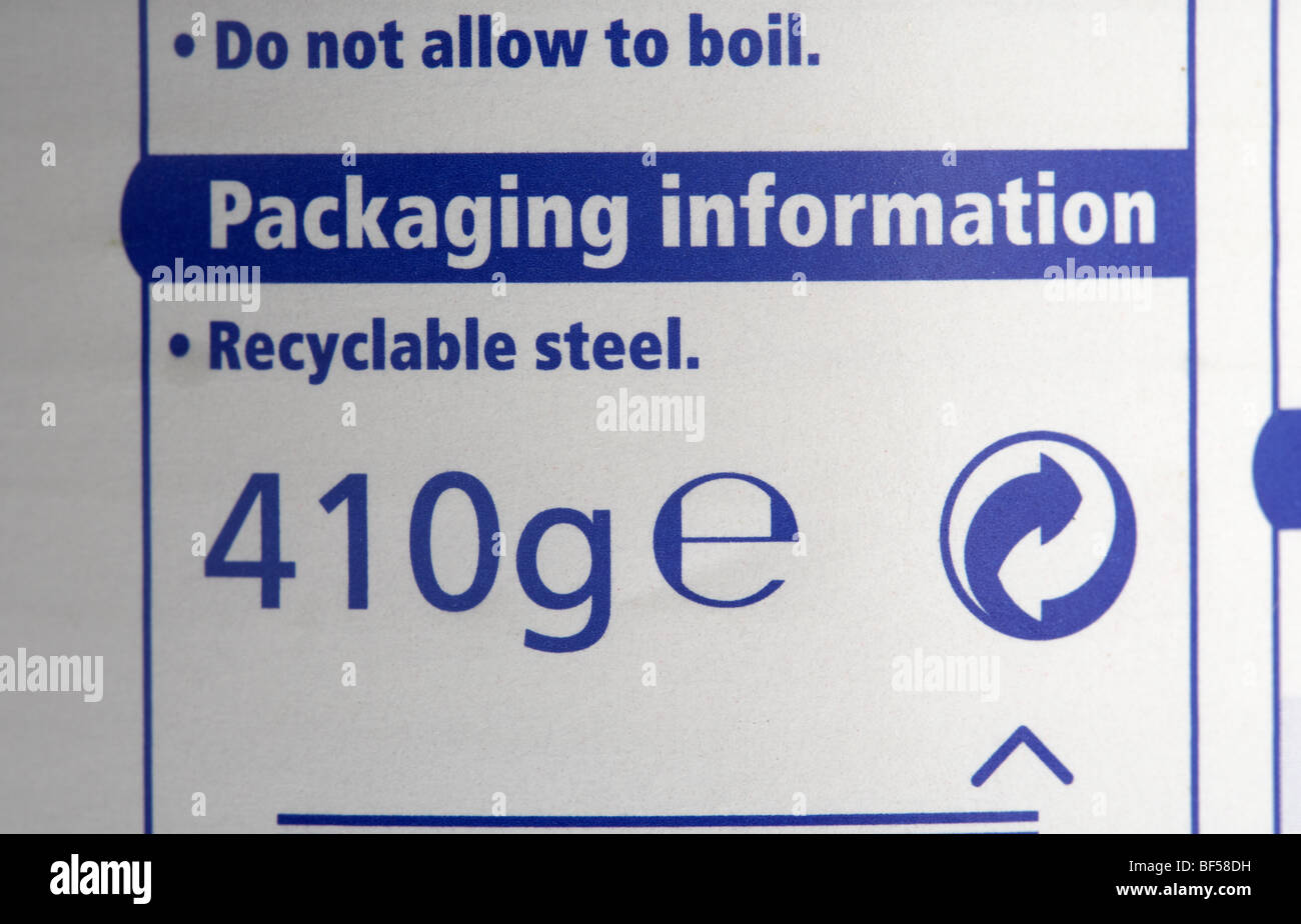 Acciaio riciclabile packaging etichetta informazioni su una possibile nel Regno Unito Foto Stock