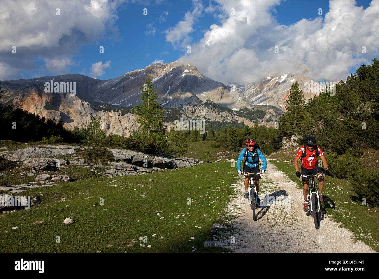 Mountain bike rider est del Fodara Vedla bacino, parco naturale Fanes-Sennes-Braies, Veneto, Alto Adige, Italia, Europa Foto Stock