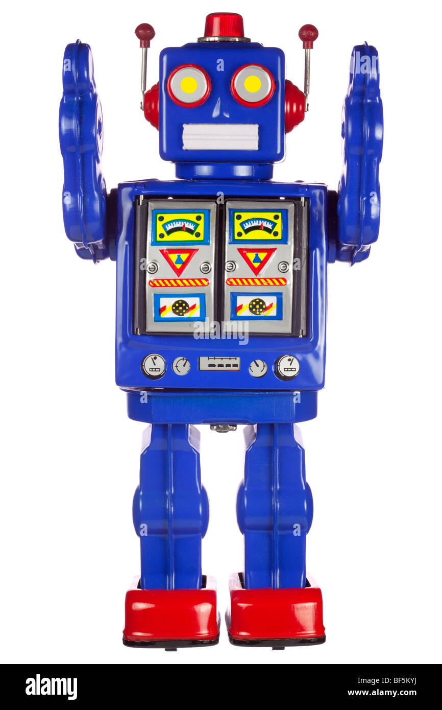 Vecchio robot di stagno su sfondo bianco Foto Stock