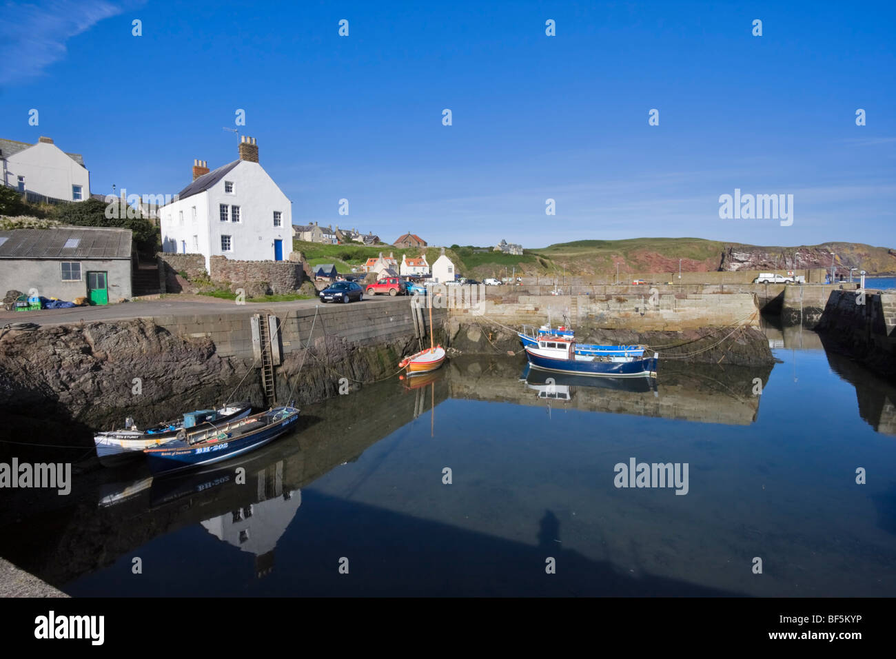 Il porto con la bassa marea nel villaggio di pescatori di St Abbs, Scozia Foto Stock