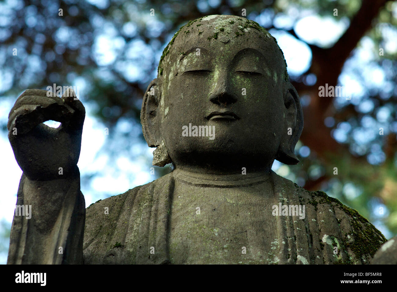 Facce di pietra di un tempio Foto Stock