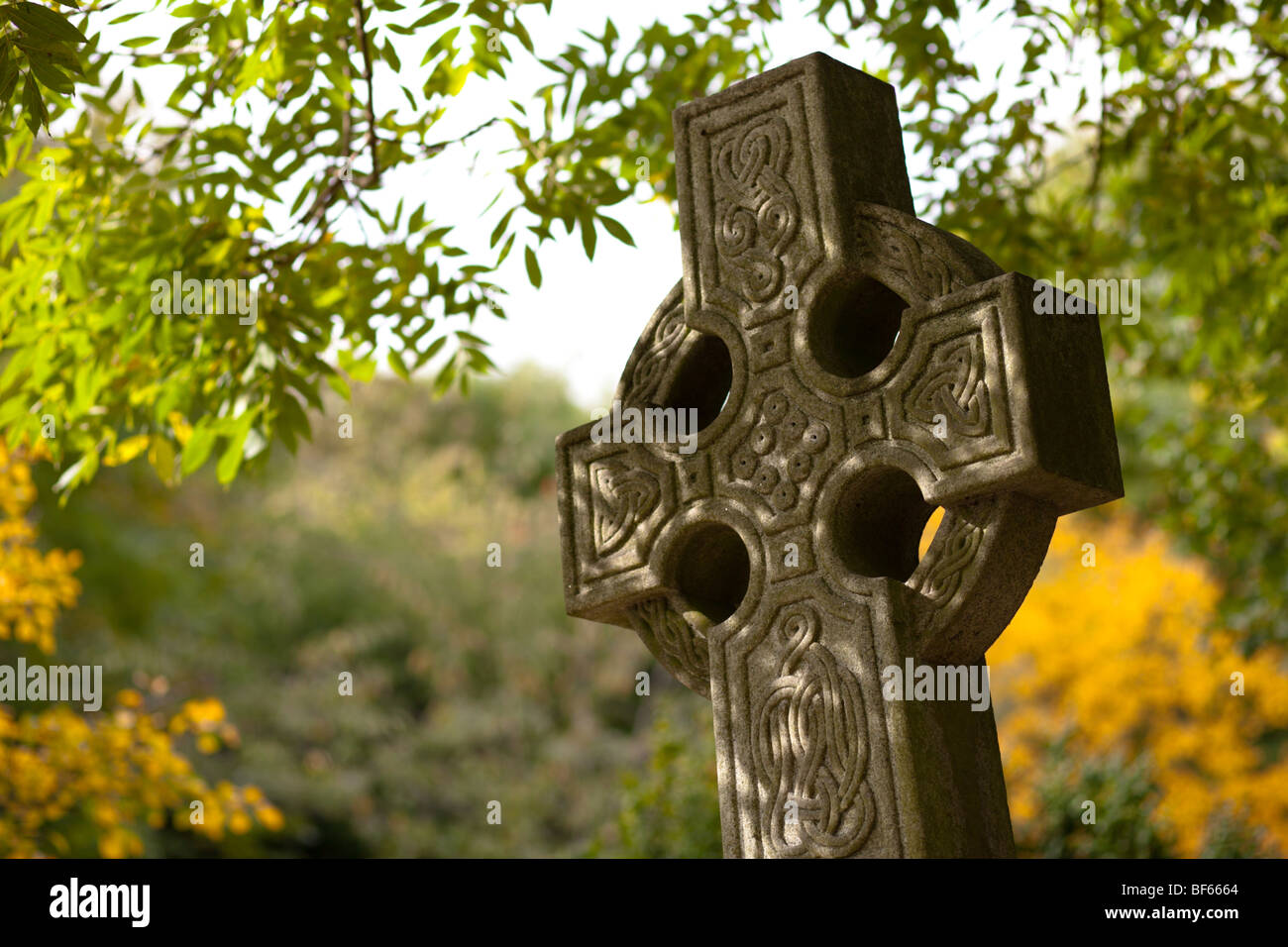 Antica lapide in un cimitero con colori autunnali in alberi Foto Stock