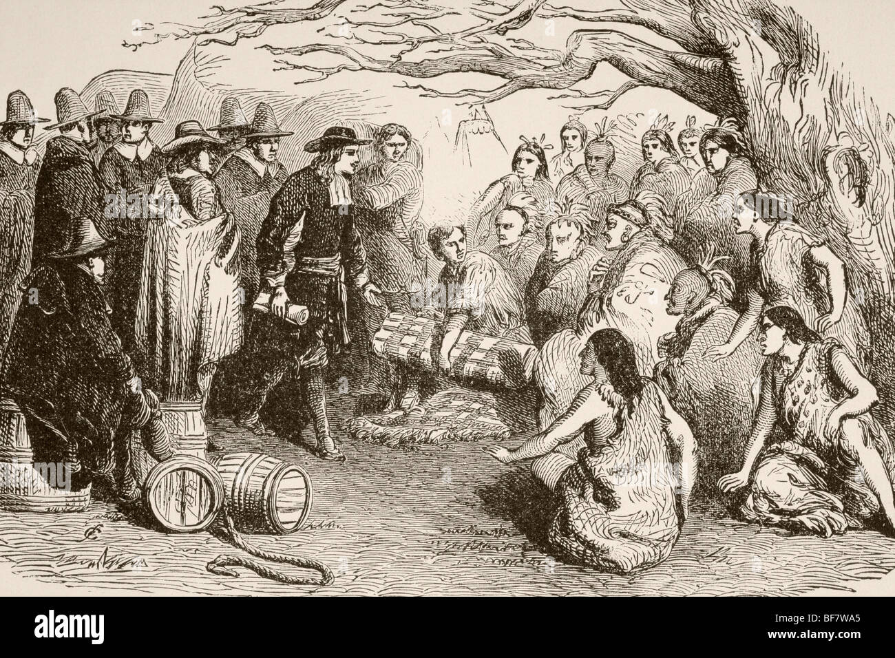 Nel 1682, William Penn fa un trattato con il Delaware o indiani Lenape sotto la elm tree a Shackamaxon Foto Stock