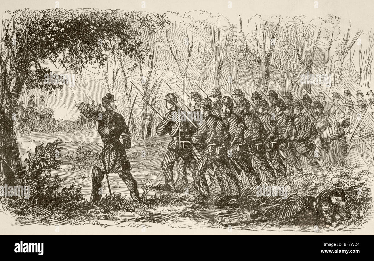 Soldati dell'Unione sull'altopiano presso la prima battaglia di Bull Run, luglio 21, 1861, vicino a Manassas, Virginia Foto Stock