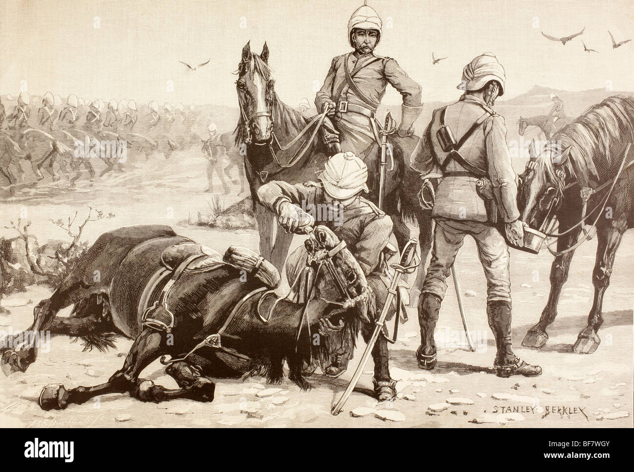 Inglese di innaffiamento di cavalleria i loro cavalli durante la guerra di Mahdist, Sudan nel 1880. Foto Stock