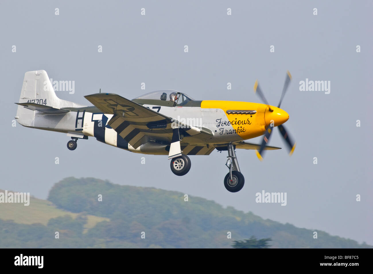 North American P51 Mustang 'feroce Frankie' aerei di atterraggio a Goodwood airfield, Sussex Gran Bretagna, Inghilterra, Regno Unito 2008 Foto Stock